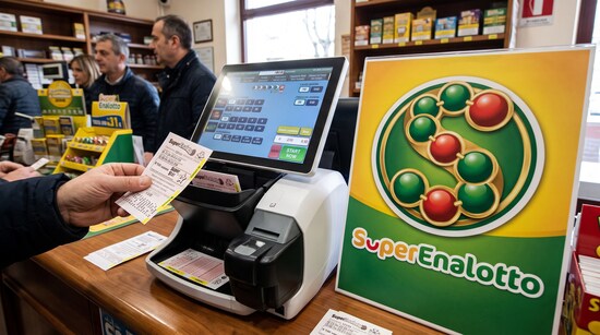 A SuperEnalotto ticket on the counter of an Italian lottery shop